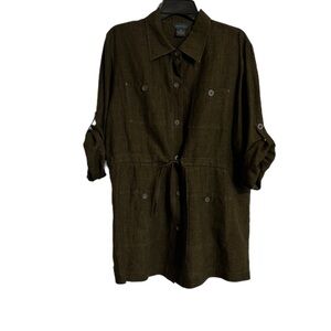 Mantles Olive Drawstring Linen-Blend Button-Down Shirt